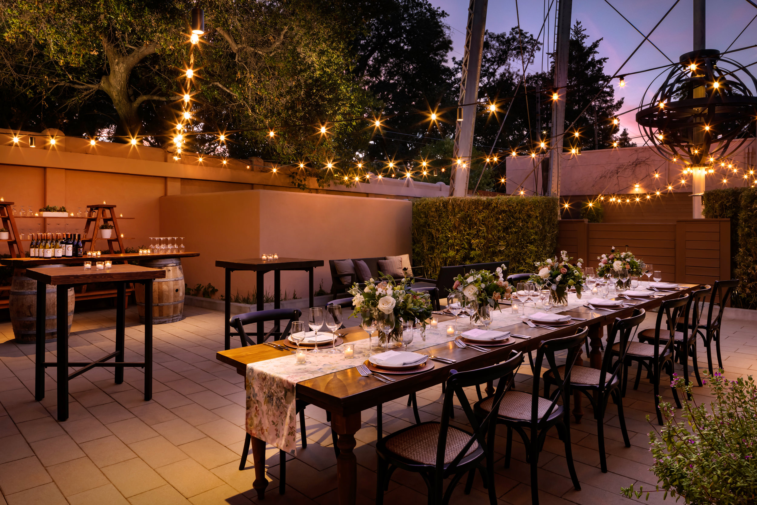 outdoor dining area set for a wedding