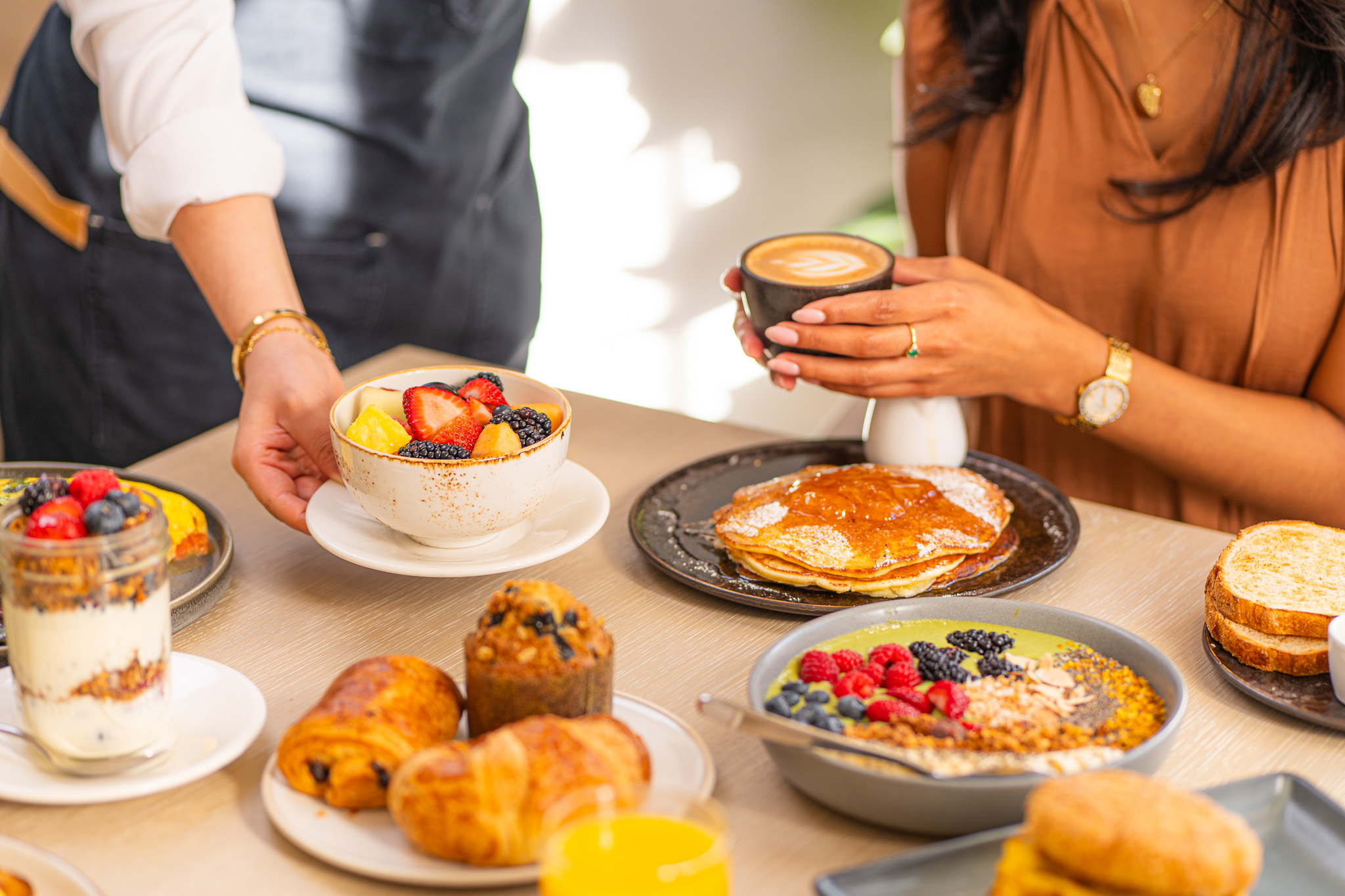 Colorful display of breakfast food