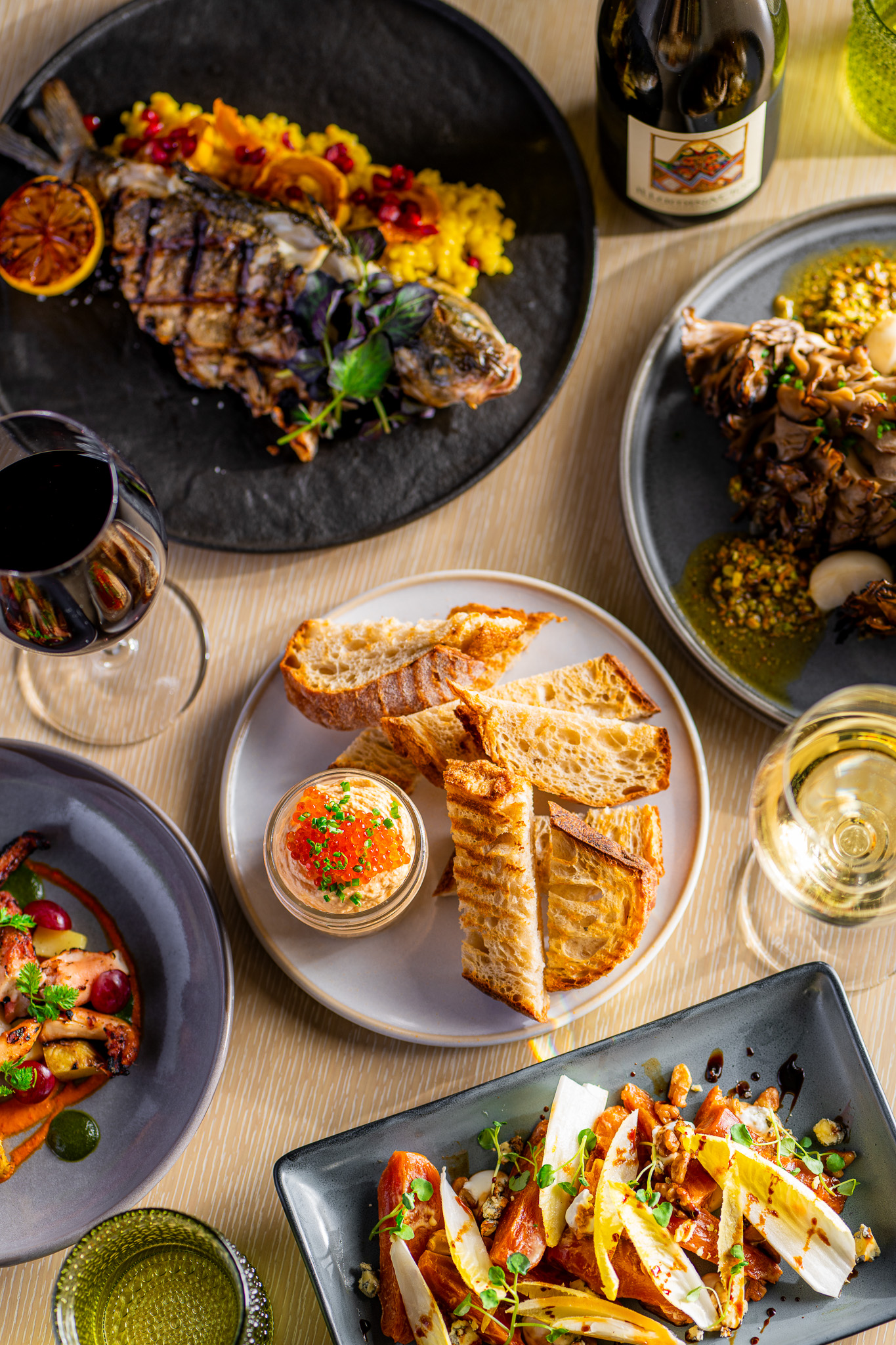 Table full of brightly colored food at Sante Restaurant in Sonoma