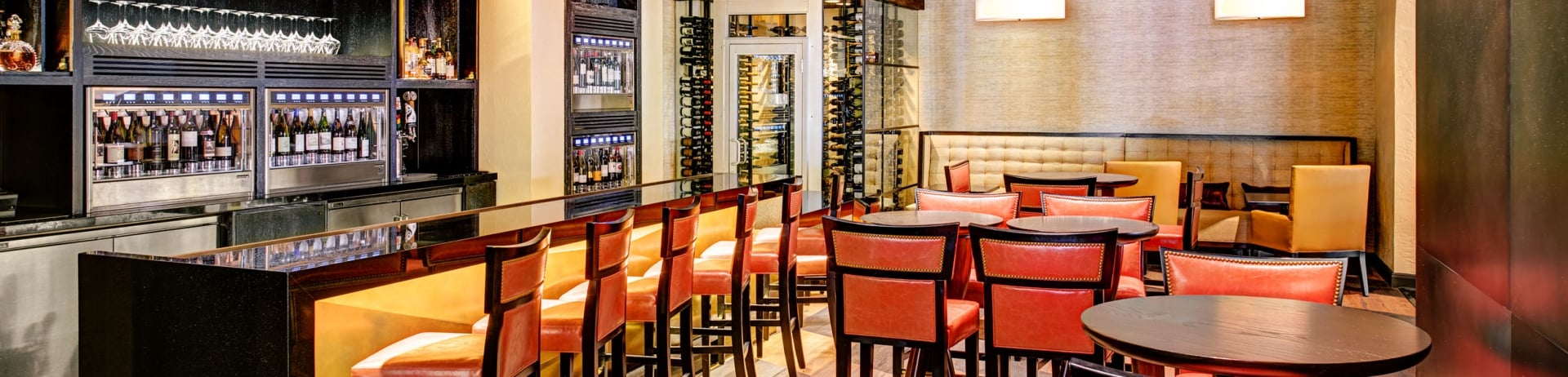 Dining room with red chairs