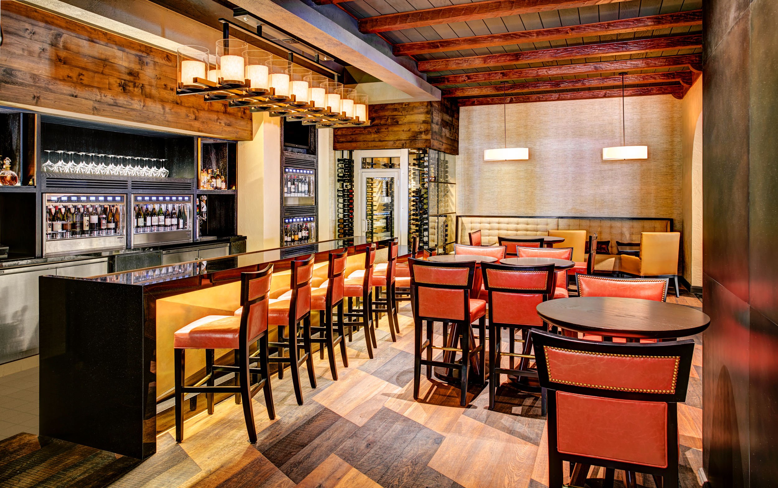 Dining room with red chairs