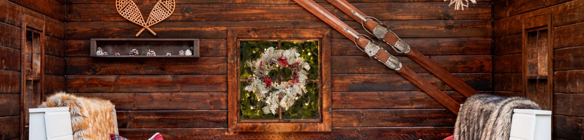 ski chalet at fairmont sonoma with fire pit, holiday décor and twinkling string lights