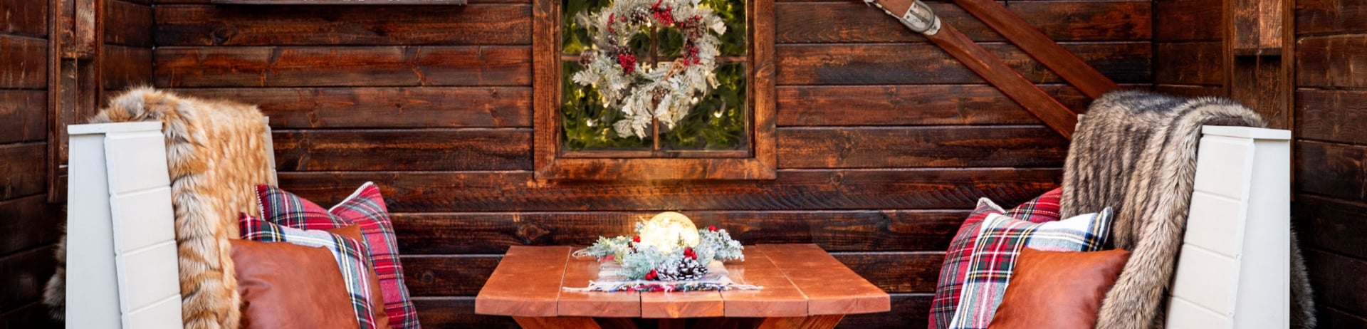 ski chalet at fairmont sonoma with firepit and holiday decor