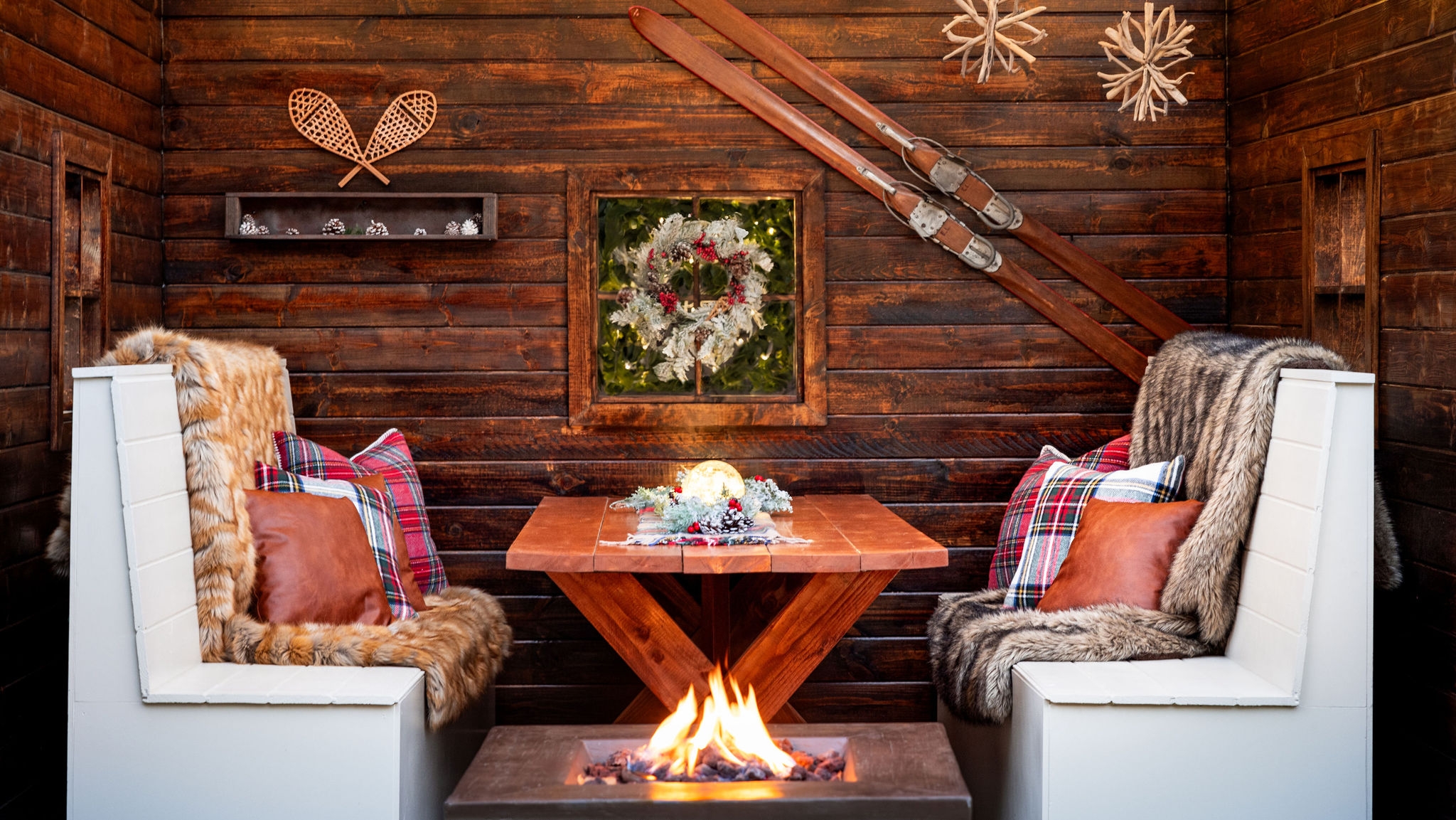 ski chalet at fairmont sonoma with firepit and holiday decor