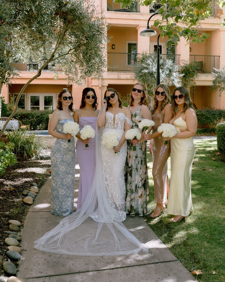 Bridal party in spring colored bridesmaid dresses at fairmont sonoma