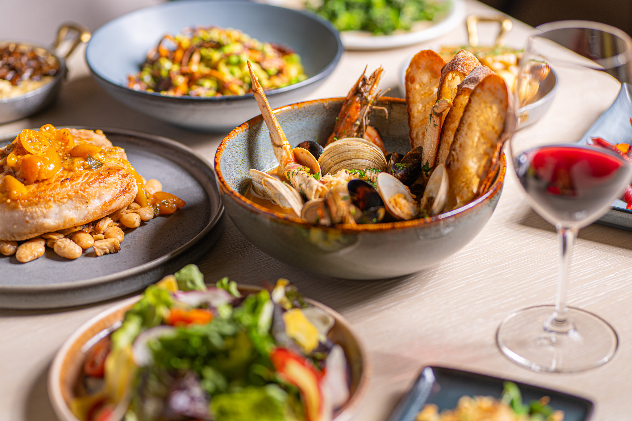Table full of vibrantly colored food